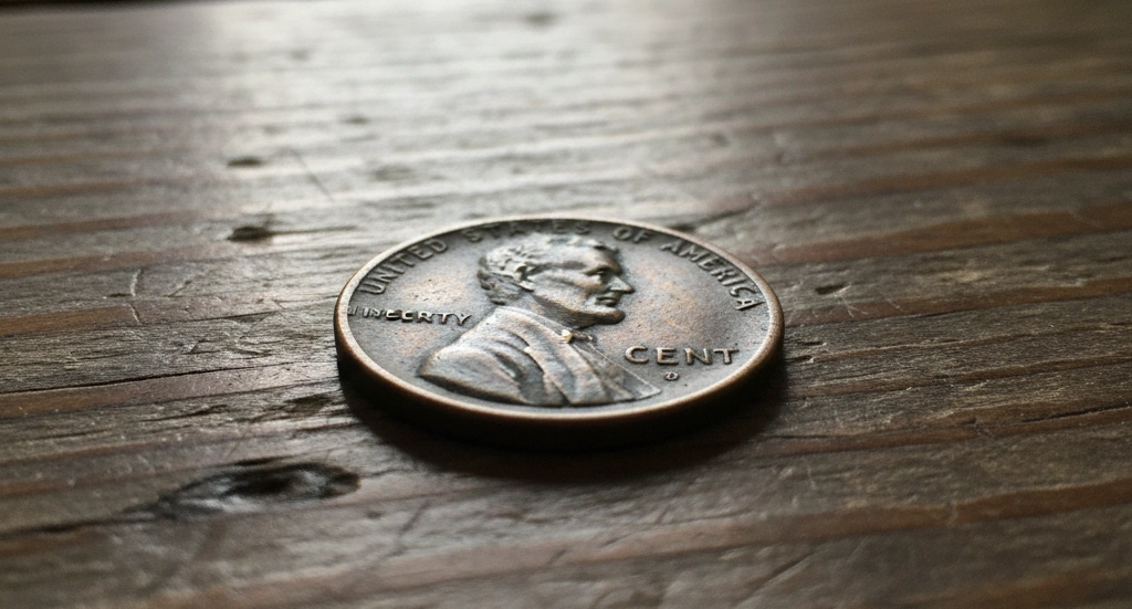 old US wheat penny on wooden table