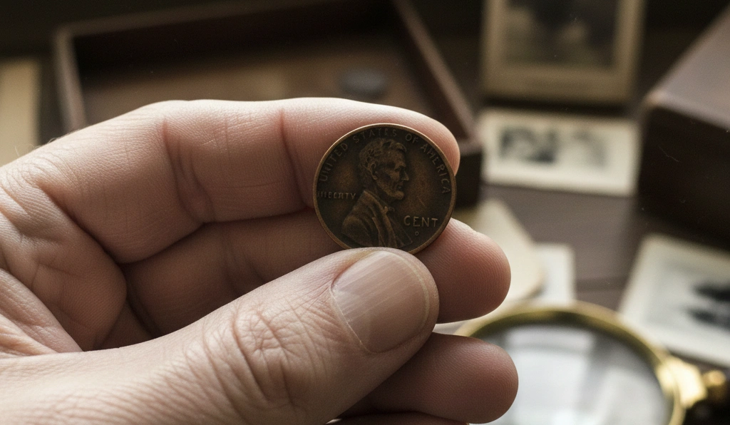 hand holding worn Wheat penny