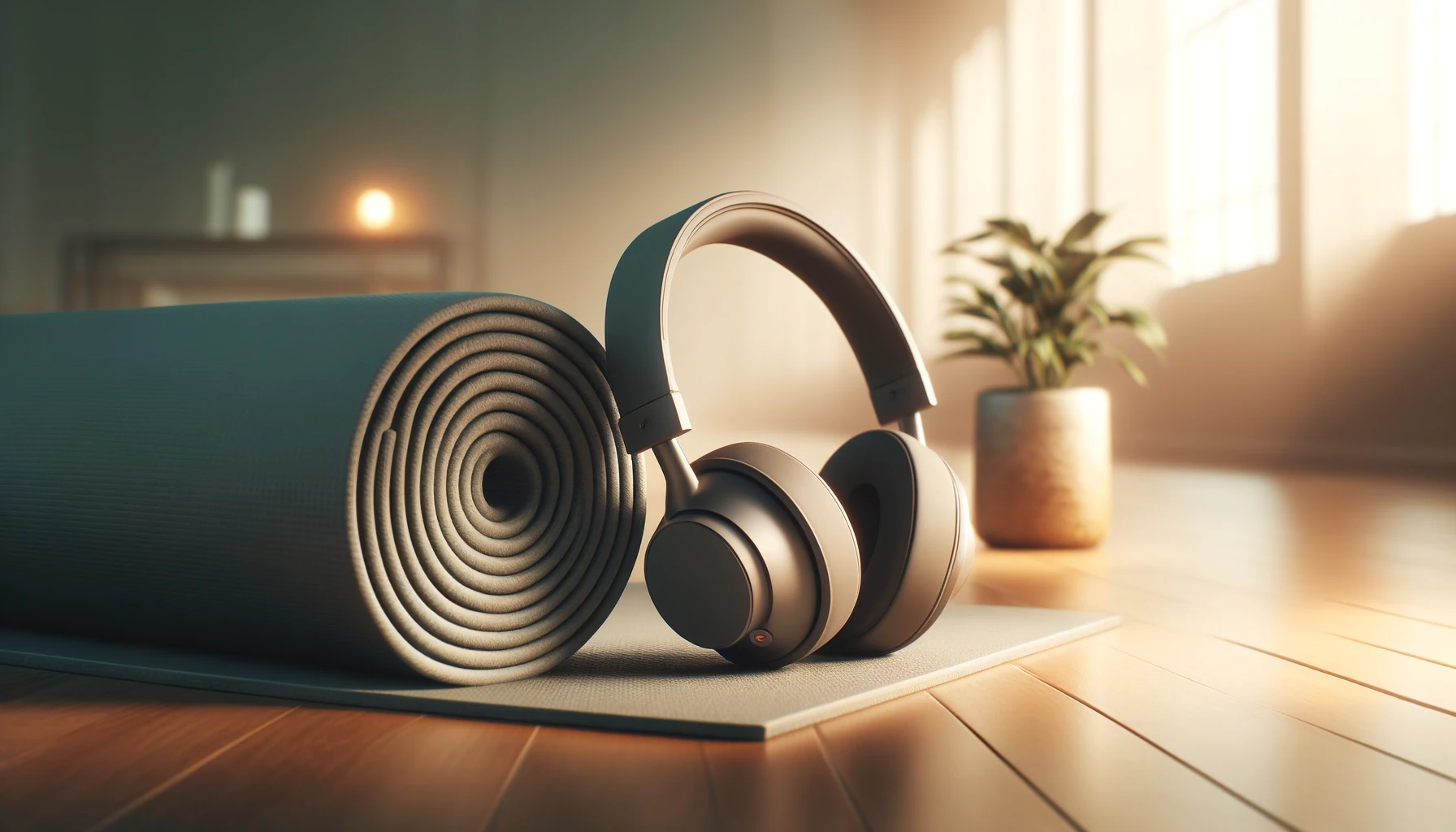 a serene setting with high-quality headphones and a rolled-up yoga mat on a smooth wooden floor.