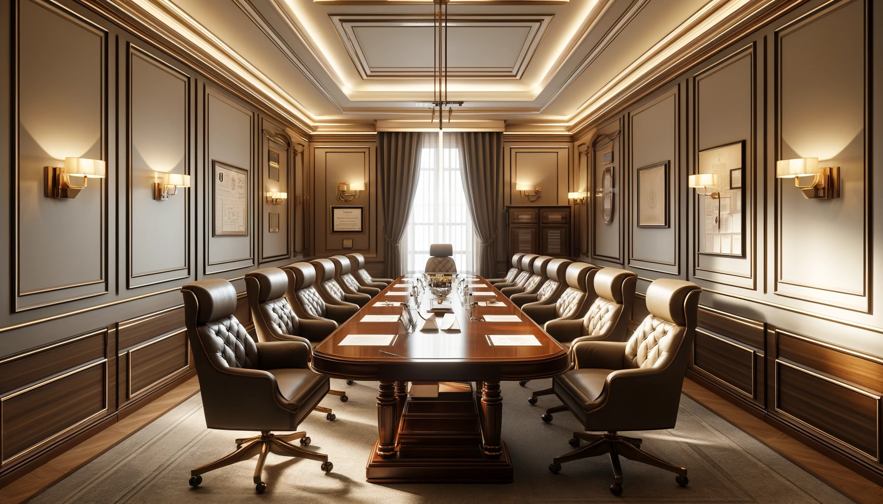 an elegant negotiation room prepared for an upcoming meeting, featuring a large wooden table, high-backed leather chairs, and professional accessories.