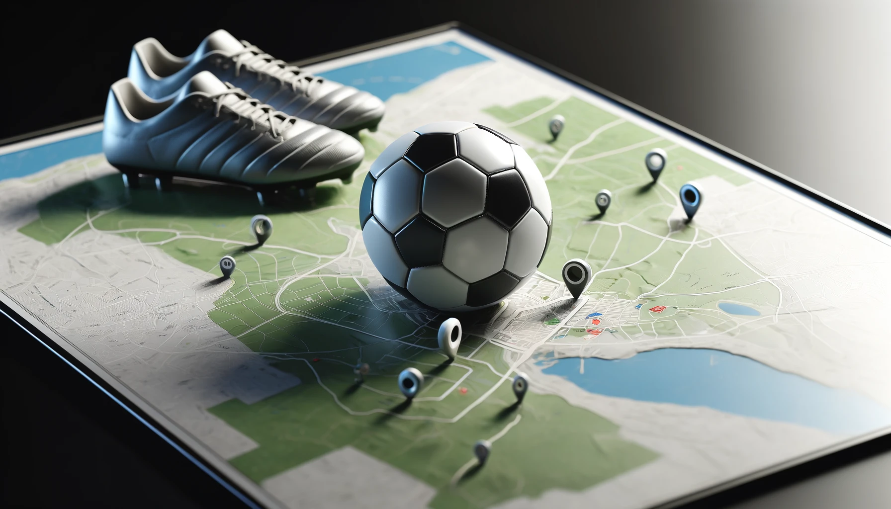 a detailed map with an icon of soccer equipment, including a ball, cleats, and gloves.