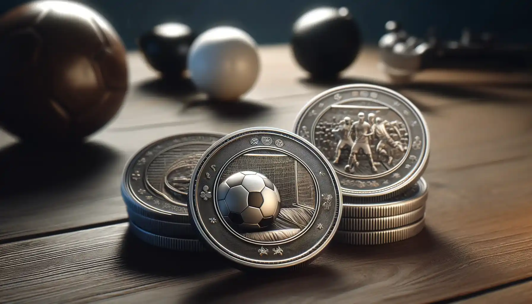 A small collection of soccer-themed coins arranged neatly on a wooden table. 