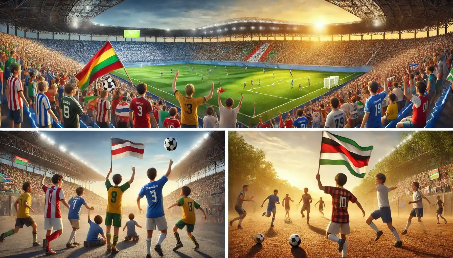 A serene outdoor scene featuring children from different backgrounds playing soccer in a dusty rural setting. The focus is on the joy and camaraderie of the players, with a picturesque natural backdrop of trees and a golden sunset.
