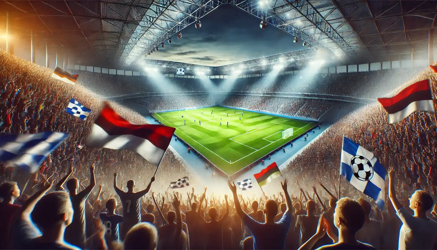 a packed soccer stadium during a high-profile match, with fans waving flags and cheering passionately.