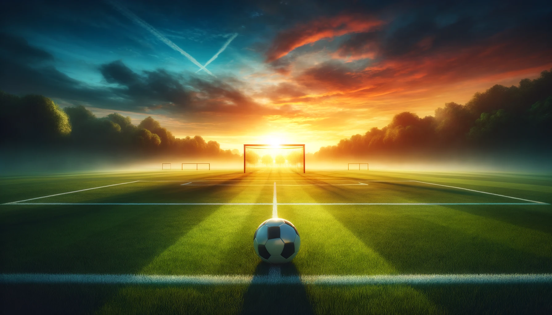 a soccer field at sunrise with a soccer ball in the foreground.
