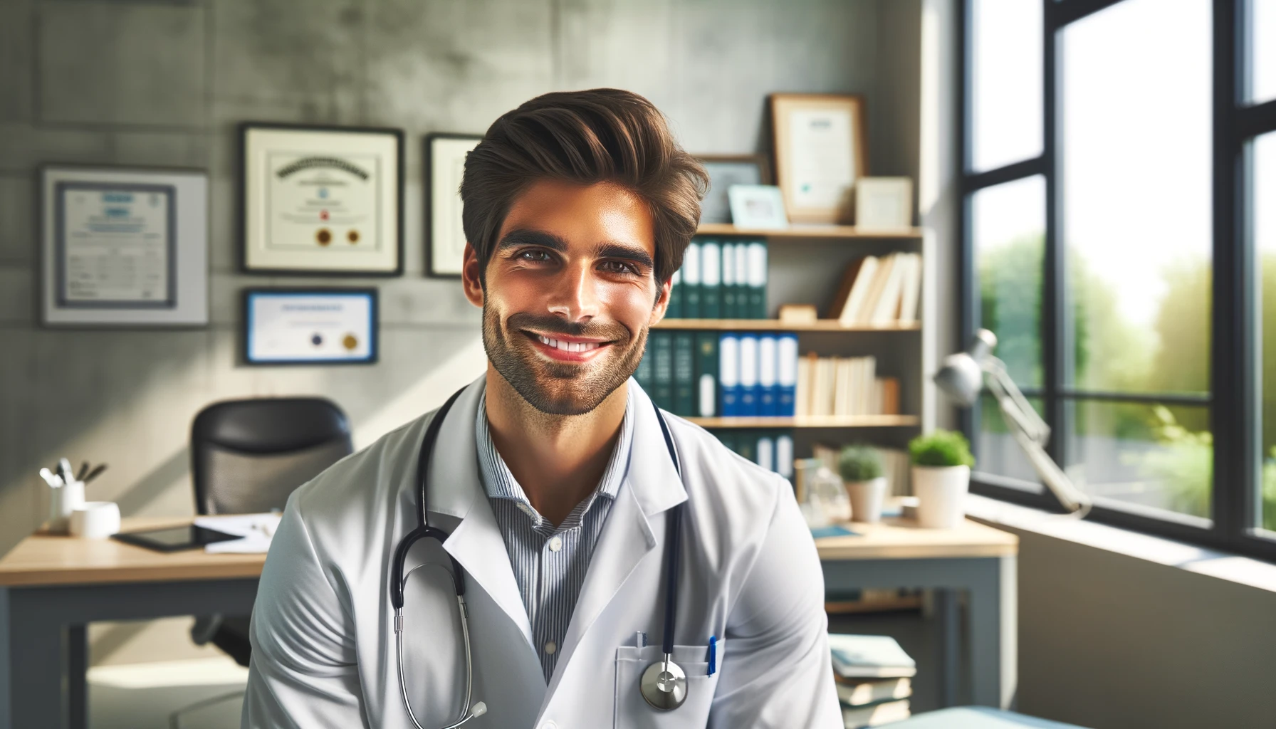 a professional, smiling male Turkish doctor in his office.