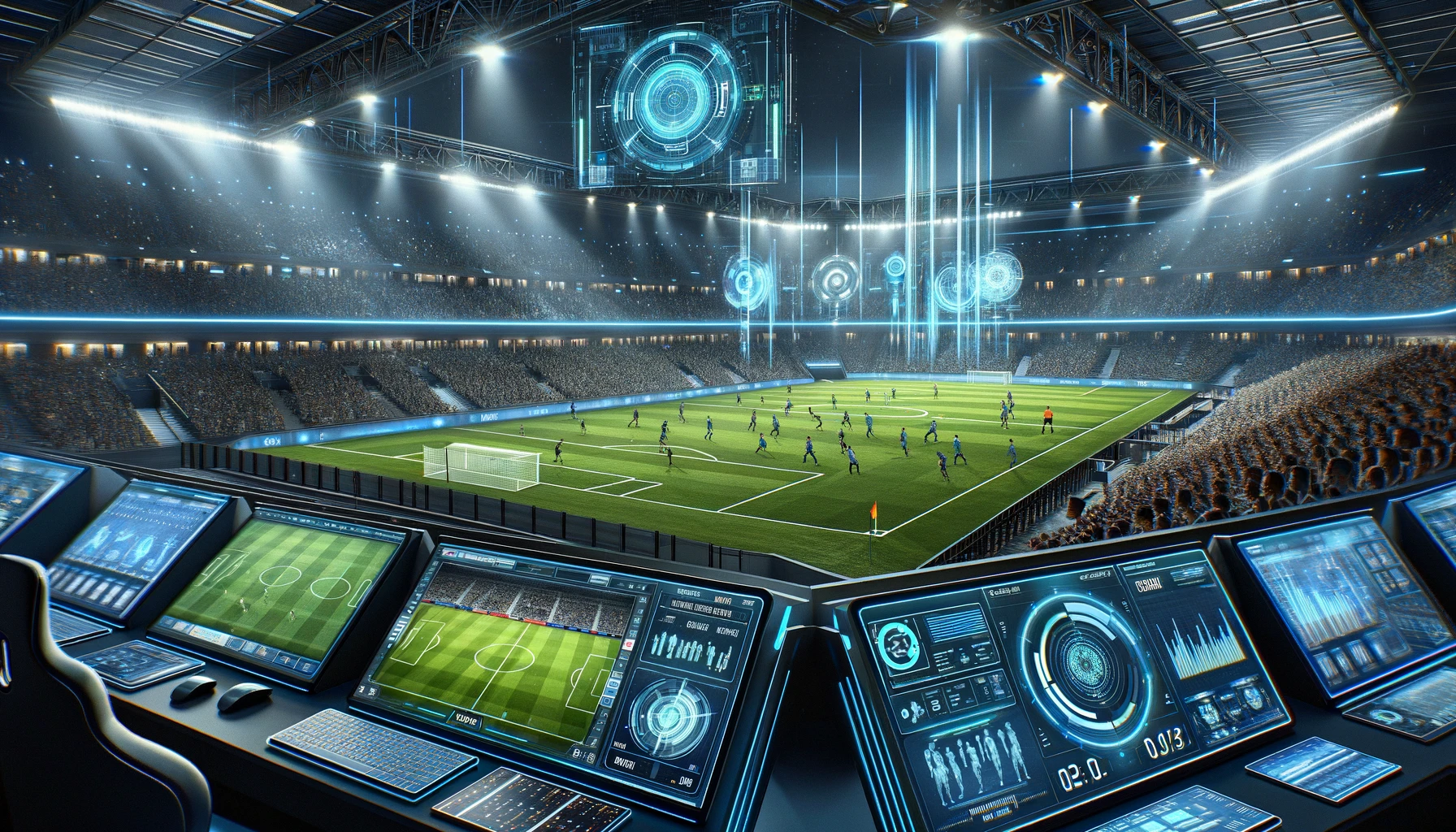 A futuristic soccer stadium filled with advanced technologies, showcasing the integration of VAR systems and data analytics.