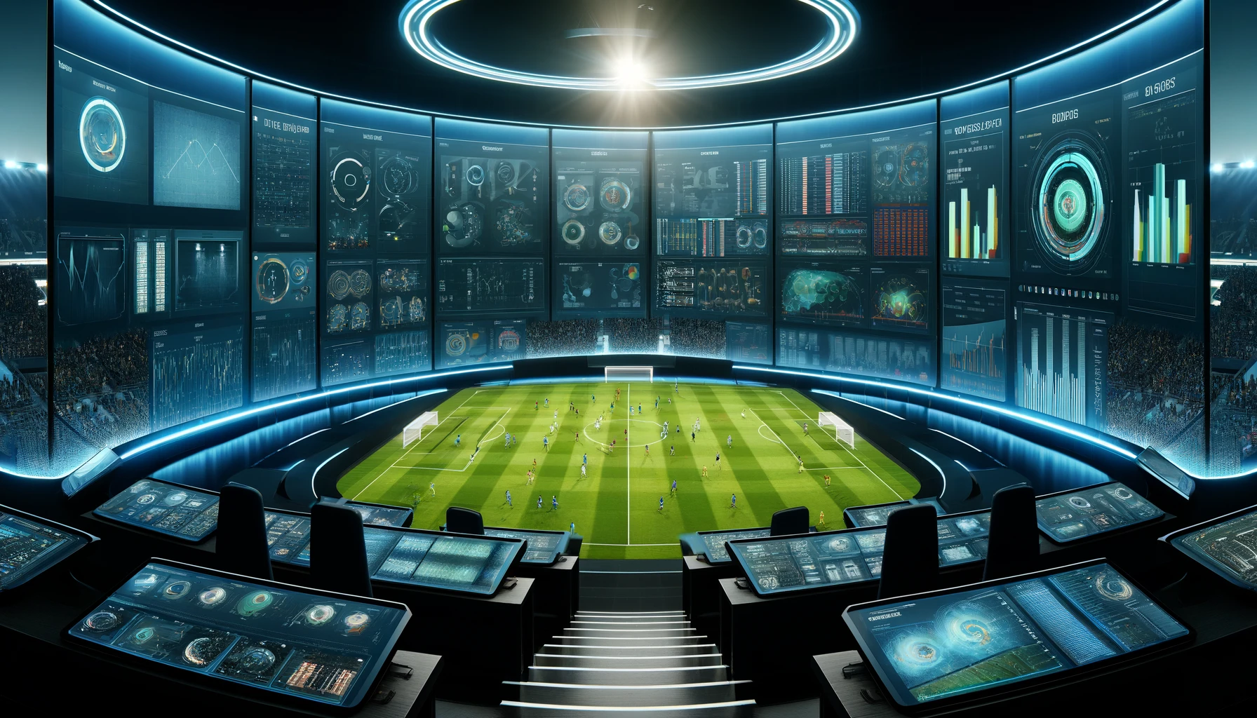 An imaginary visualization of a soccer match analysis session without people, showcasing a state-of-the-art data analytics center. 