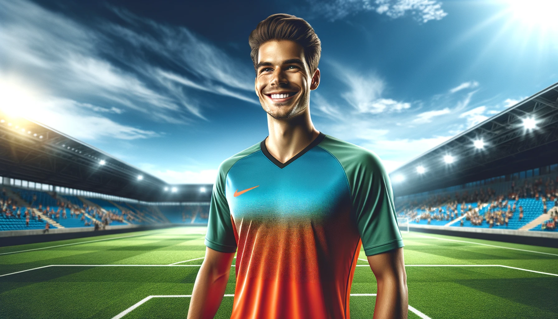 a smiling soccer player standing confidently on the soccer field.