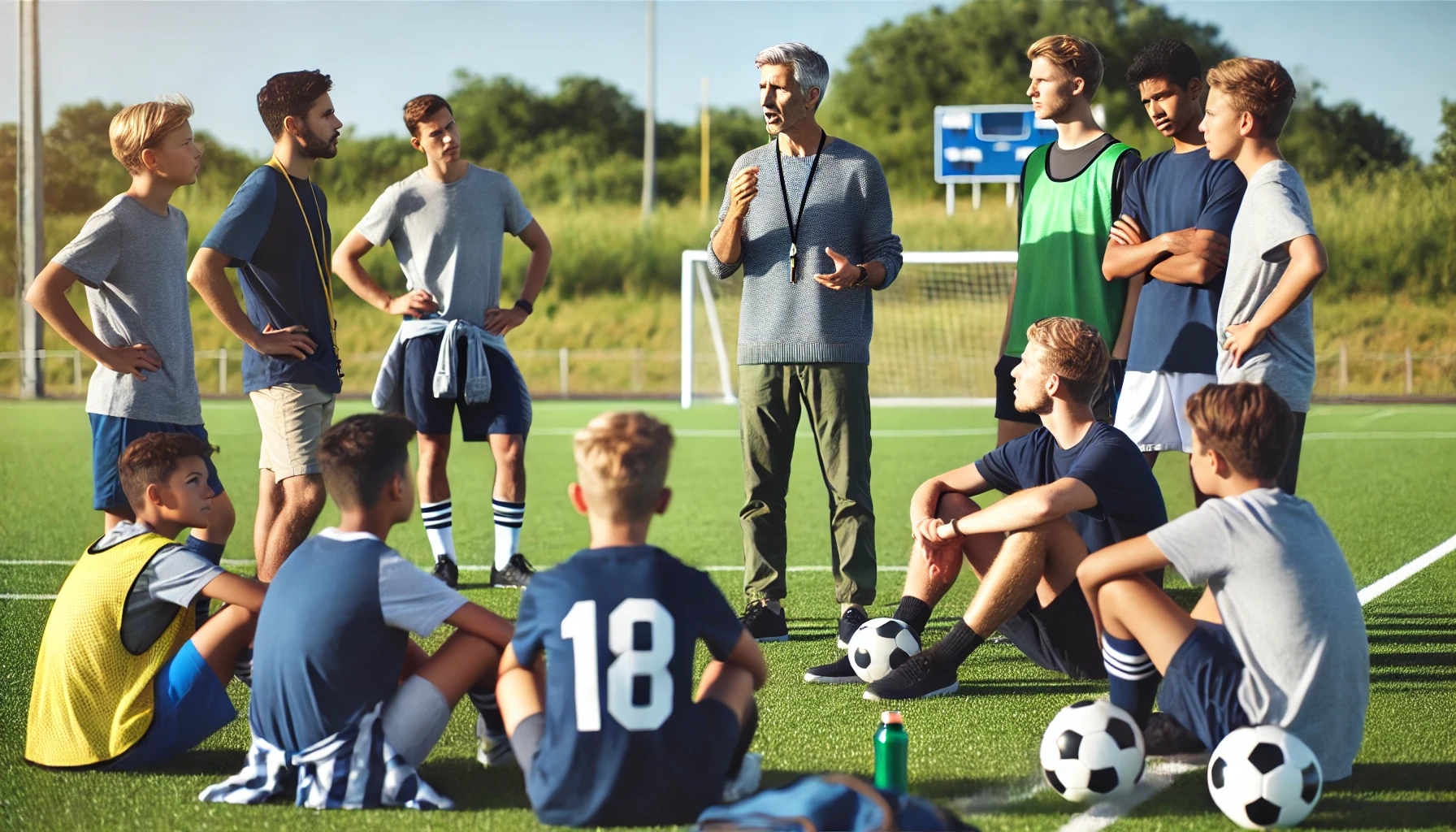 A soccer coach, dressed in casual attire with a whistle around his neck, talks to his attentive team gathered in a semi-circle on the sidelines of a well-maintained field.