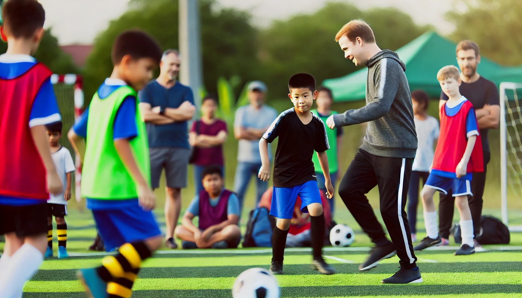  young players engaged in a soccer training session at a grassroots level, with a coach providing guidance.