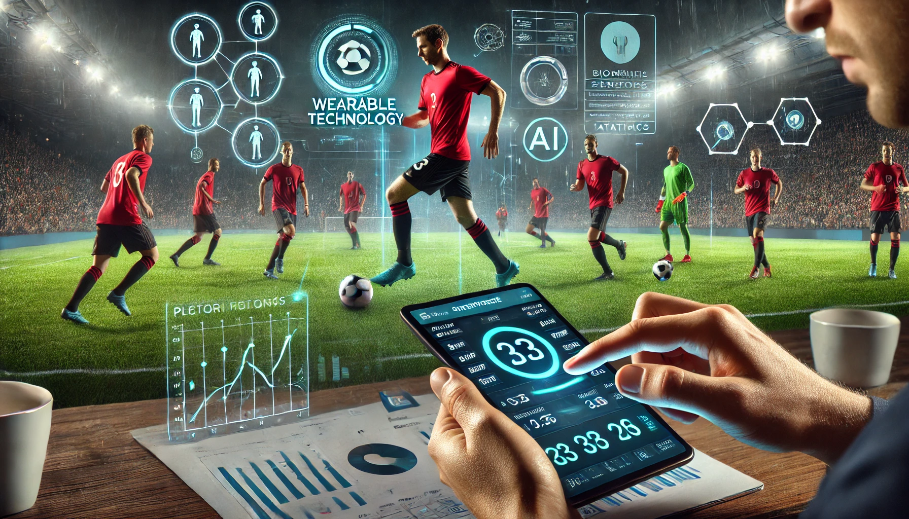 players on the field during a match, with wearable devices such as GPS trackers and biometric sensors clearly visible.