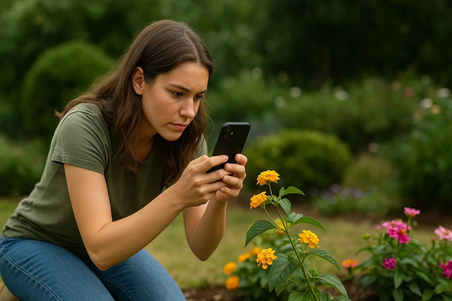 A young woman kneels by a flower bed, carefully photographing a plant with her smartphone.