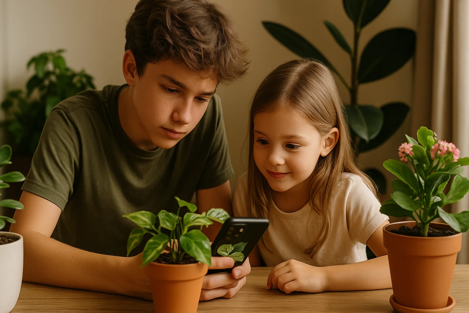 A teenager and a child look together at an identifying app, while surrounded by potted houseplants on the table.