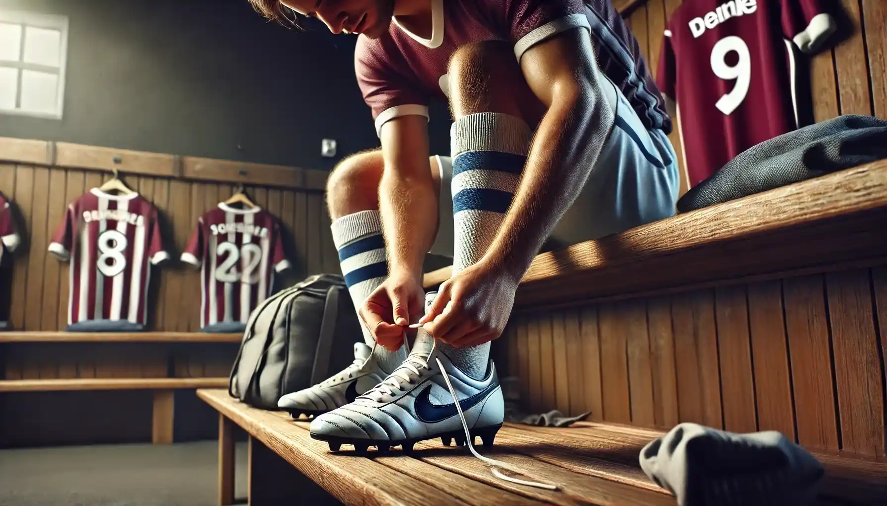 A football player is sitting on a bench, carefully lacing up their boots in special order before a match.