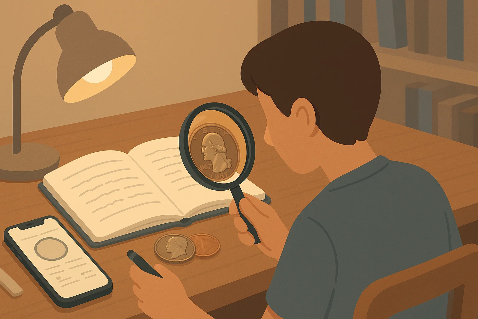 A student examines the 1967 quarter with a magnifying glass.