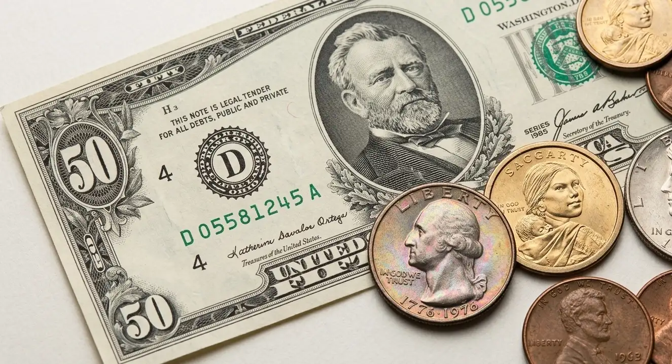 Close-up composition featuring a 50 dollar bill and coin arrangement